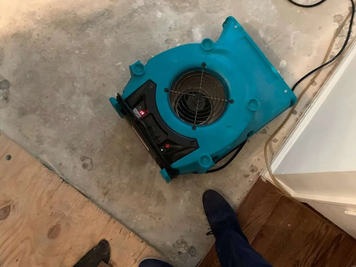Air mover drying subfloor during Leak Detection & Repair in Zimmerman